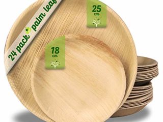 Platos desechables de hoja de palma 24 Piezas, 12 Platos redondo de 25 cm y 12 Platos de 18 cm. vajilla rustica de madera para barbacoas y fiesta de cumpleaños. Biodegradable libre de plástico.