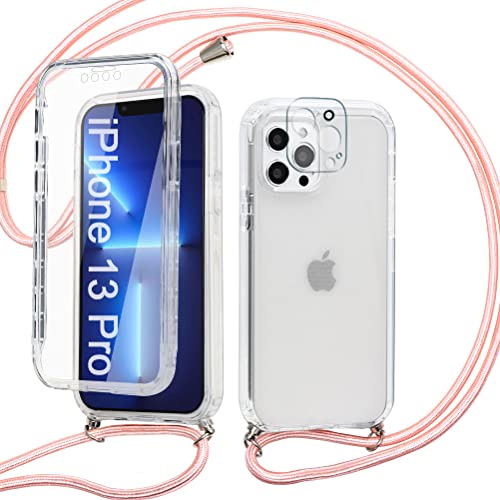 Pnakqil Funda con Cuerda para iPhone 13 Pro + 1 x Película de Lentes Estuche para teléfono de Silicona TPU de 360 Grados Anti-caída con cordón Ajustable para Correa para el Cuello -Oro Rosa
