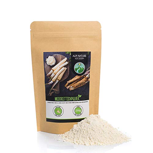 Polvo de rábano picante (250g), raíz de rábano picante molida, polvo de rábano picante 100% puro, secado y molido suavemente, sin aditivos, vegano