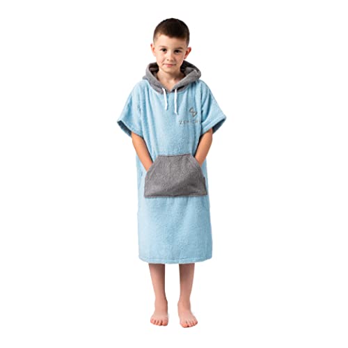Poncho Surf Para Niño - Toalla 100% Algodon - Azul Claro - Poncho Niño y Niña con Capucha - Ideal como Toalla Surf, Toalla Piscina, Toallas de Playa Toalla Deporte - Poncho Toalla Niño 6-13 años