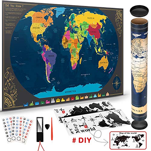 Pootack Mapa Mundi Rascar 84×42cm, Mapa del Mundo para Marcar Viajes con Pegatinas y Herramienta de Rayado, Regalos para Viajeros