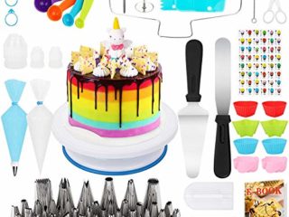 Popolic 120 pcs Juego de Decoración de Pasteles, Torta Giratoria, Cake Turntable, Decoración de Pasteles, Herramienta de Pastelería con 54 Boquillas de Tubería Regalos Originales para Mujer Navidad