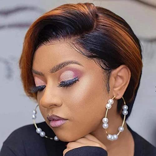 PORSMEER Peluca mujer natural pelo negra y naranja Corta ondulada Bob peluca con encaje frontal para afro todos los días / fiestas
