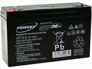 Powery Bateria de Gel para Moto Infantil Buggy para niños 6V 12Ah (Reemplaza también 10Ah)