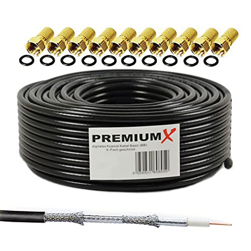 PremiumX 50m de cable coaxial BASIC negro 135dB 4 veces apantallado CCS Cable coaxial de antena de TV por satélite 10x enchufe F