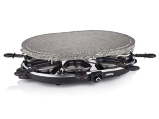Princess 162720 Raclette y Parrilla de Piedra Ovalada para 8 personas, Superficie para cocinar de 43x30 cm, 8 sartenes y 8 espátulas incluidas, revestimiento antiadherente, 1200 W