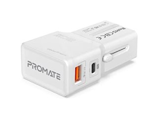 Promate, Adaptador de Viaje Universal Compacto, 20W, Carga Rápida 3.0, Enchufes US/UK/EU/AU, Elegante Diseño de Enchufe Deslizante, TriPlug-PD20