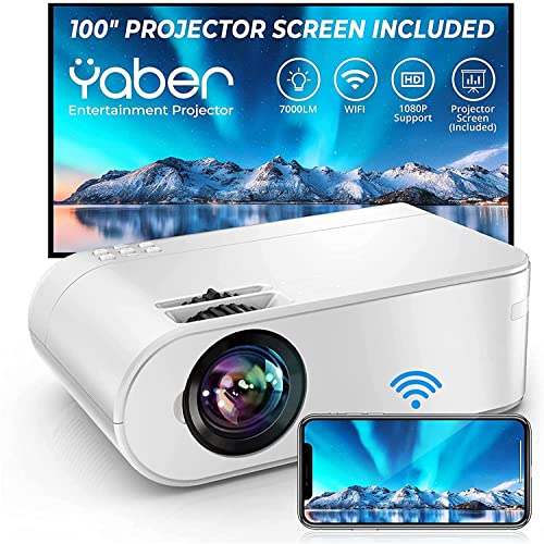 Proyector WiFi, YABER Mini Proyector 7000 Lúmenes 1080P Full HD [Pantalla de Proyector Incluida], Cine en Casa 200" Duplicar Pantalla para Android/iPhone Smartphone iPad,HDMI/USB/VGA/AV/SD