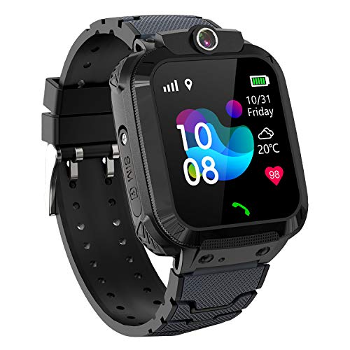 PTHTECHUS GPS Niños Impermeable Smartwatch, Reloj Inteligente Telefono con GPS Rastreador Conversación Bidireccional Llamada por Voz Chat SOS Cámara Despertador Juego para Niños Niña 3-12 Años,Negro