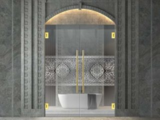 Puerta de cristal para interior Evona Duo de 8 mm de grosor, cristal templado de seguridad de 8 mm de grosor, nano revestido, acabado de latón dorado con brillo de espejo, dorado