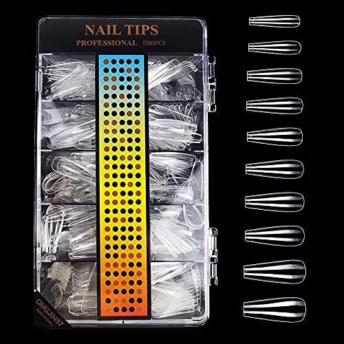 Puntas de Uñas Postizas，500 Piezas Uñas Falsa acrílicas transparentes para uñas con Caja para DIY Accesorios de Salones de Uñas