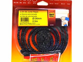 pyro feu Junta refractaria 6mm x 2,5m + Tubo Pegamento 24921-6, Fibra De Vídrio, Negra, Ø 6 mm x 2,5 m