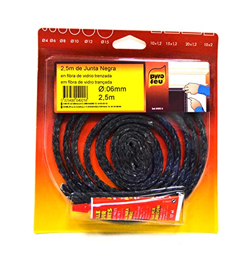 pyro feu Junta refractaria 6mm x 2,5m + Tubo Pegamento 24921-6, Fibra De Vídrio, Negra, Ø 6 mm x 2,5 m