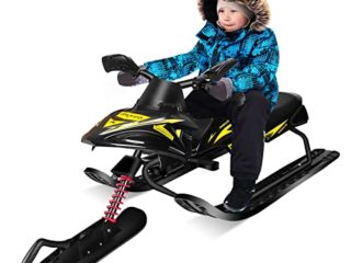 Qdreclod Trineo Snowracer con 2 frenos de pie y volante, para niños y adultos, para esquí, portátil, color negro