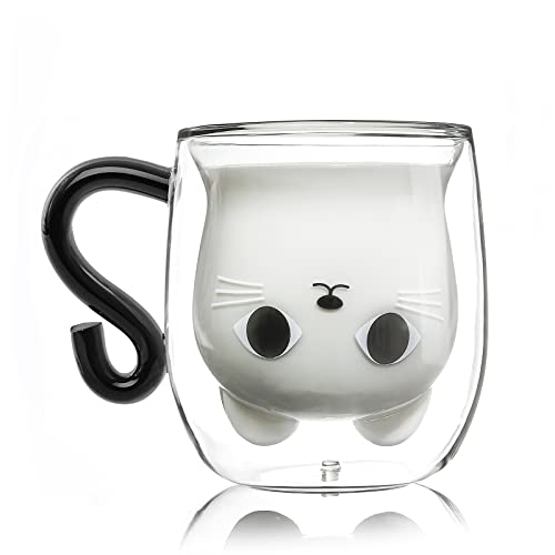 Qinhai Gato Taza, Tazas de Café de Cristal,Vasos de Doble Pared con Asa,Tazas de Té de Vidrio Borosilicato, Regalos para Cumpleaños, Día de la Madre, Navidad, San Valentín, para Mujer, Amigas, Maestra