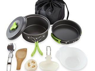Qtiwe 10 piezas Cookware Kit Picnic Ollas Cocina camping Juego de vajilla para 1 - 2 personas para camping Outdoor Senderismo Picnic BBQ, FDA Certificación
