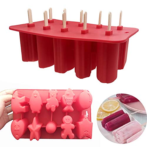 Queta Molde de Helado Molde de Paleta de Hielo Reutilizable de 10 Celdas, Molde de Polos de Imágenes de Dibujos Animados, con 50 Palitos, Aprobado por FDA (Rojo)