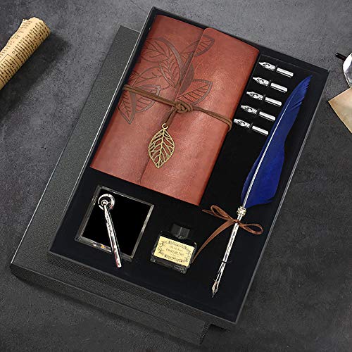 Quill - Juego de bolígrafos y tinta para caligrafía de plumas antiguas, incluye pluma de pluma, 5 puntas de repuesto, base de pluma, cuaderno, tinta, el mejor regalo para hombres y papá (azul)