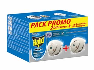 Raid ® Night & Day - Pack 2 Aparato electrico anti moscas, mosquitos común y tigre, y hormigas. Enchufe inoloro con más de 200 horas de protección. Incluye 2 Difusor y 2 Recambio