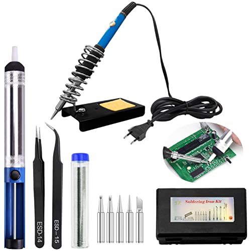 Randalfy Soldador de Estaño 60W, 220V Kit de Soldador Eléctrico Temperatura Ajustable con 5 pcs Puntas Soldadura, Bomba de Desoldar, Alambre de Soldar para Reparado, Trabajo Electrónico, Manualidades