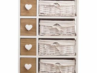 Rebecca Mobili Comóda Madera Mimbre, Mueble baño Vintage, 8 cajones, Color Blanco, Perilla Forma de corazón - Medidas: 71 x 51 x P 30 cm (AxANxF) - Art. RE4356