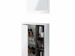 Recibidor Zapatero con Espejo, Modelo Adhara, Acabado en Blanco Brillo y Gris Ceniza, Medidas: 108 cm (Alto) x 79 cm (Ancho) x 25 cm (Fondo)