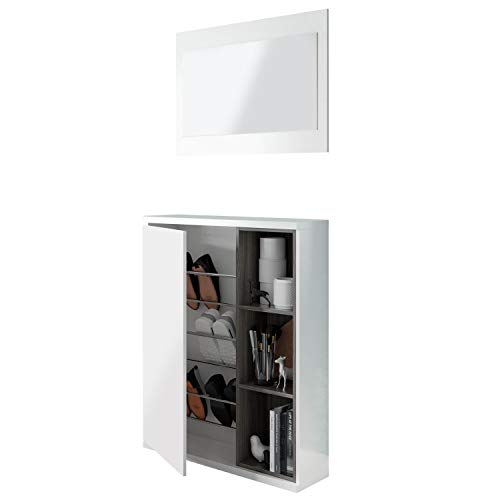 Recibidor Zapatero con Espejo, Modelo Adhara, Acabado en Blanco Brillo y Gris Ceniza, Medidas: 108 cm (Alto) x 79 cm (Ancho) x 25 cm (Fondo)
