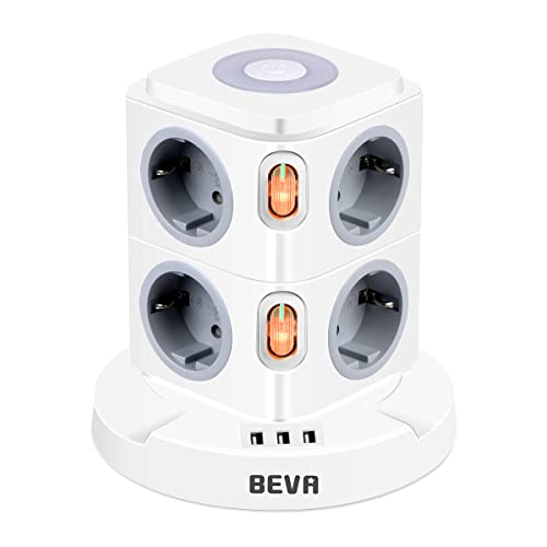 Regleta Enchufes con usb, BEVA Regleta Vertical Enchufes de 8 Tomas Corrientes y 3 Rápida USB Tomas, Torre Enchufes con Luz Nocturna Regulable y Protección Contra Sobrecargas, Cable de 2M, 2500W/10A
