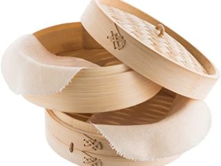 Reishunger Vaporera de bambú (Ø 25 cm, 2 pisos) para arroz, dim sum, verduras, pescado y carne, incluye 2 toallas de algodón, para 4 personas