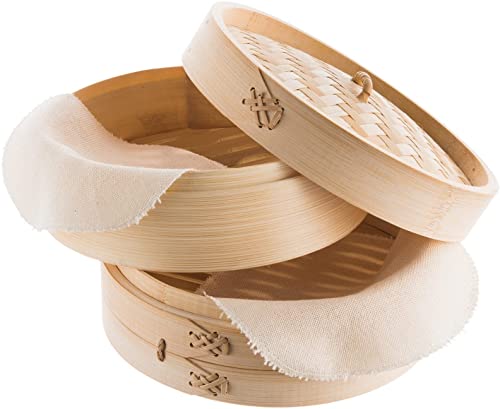 Reishunger Vaporera de bambú (Ø 25 cm, 2 pisos) para arroz, dim sum, verduras, pescado y carne, incluye 2 toallas de algodón, para 4 personas