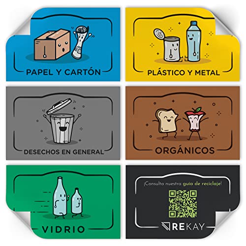 Rekay Pegatinas para el Reciclaje - 5 Etiquetas para el Reciclaje de Basura con Guía Incluída, No Se Despegan, Diferencia cada Cubo de Basura con Adhesivos en Español de 8,5x5,5 cm cada uno