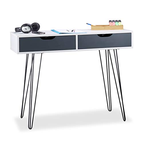Relaxdays, 76 x 100 x 40 cm, Blanco Escritorio con cajones, Diseño Moderno, Juvenil, tableros conglomerado DM, Hierro