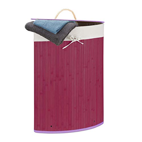 Relaxdays Cesto Ropa Sucia Esquinero, Cubo Colada Plegable con Tapa, Canasta, Bambú, 60 L, 65 x 49,5 x 37 cm, Morado