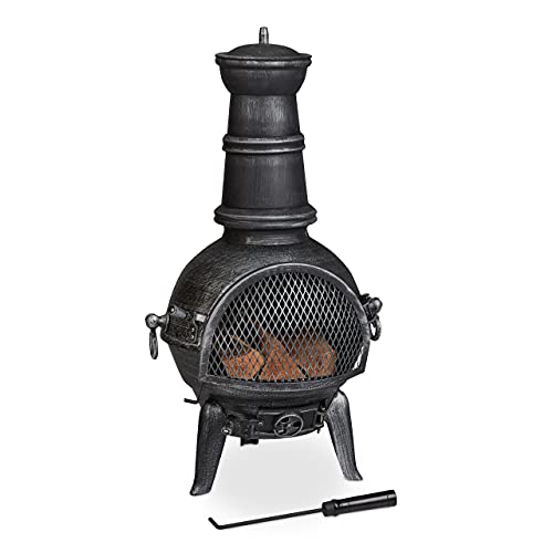 Relaxdays Chimenea Exterior, Estufa Jardín, con Atizador, Hierro Fundido, Protección Antichispas, 86x46x38 cm, Plateado