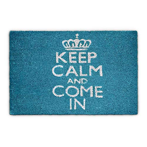 Relaxdays – Felpudo Keep Calm and Come IN para la Entrada de su hogar Hecho de Fibras de Coco y PVC con Medidas 40 x 60 cm Antideslizante Elemento Decorativo, Color Turquesa