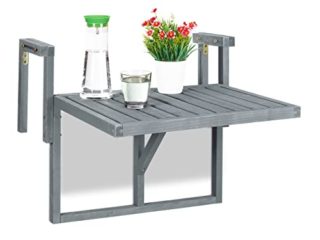 Relaxdays Mesa Balcón Plegable, Mesita Auxiliar para Colgar de Barandilla, Altura Regulable, 55x70x65 cm, Madera, Gris, 90% 10% Acero