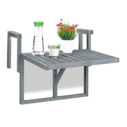 Relaxdays Mesa Balcón Plegable, Mesita Auxiliar para Colgar de Barandilla, Altura Regulable, 55x70x65 cm, Madera, Gris, 90% 10% Acero