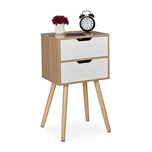 Relaxdays Mesita de Noche 2 Cajones, Mesilla Dormitorio, Mesa Auxiliar, 71,5x40x30, Efecto Madera, Blanco/Marrón Natural, 80% Tablero de Fibra 20%, 1 Pieza