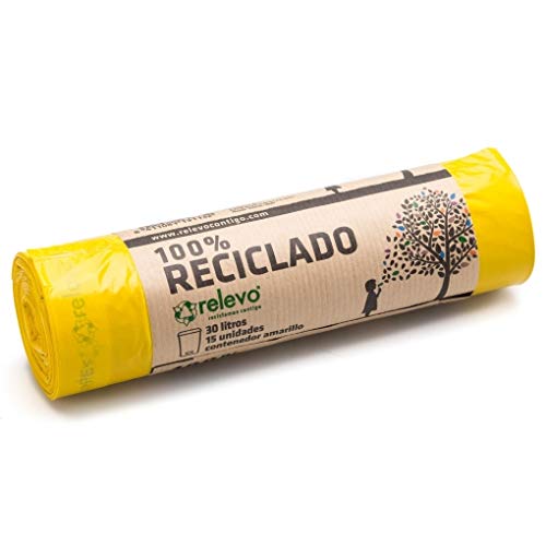RELEVO 100% Reciclado Bolsas De Basura, Extra Resistentes 30 L, 15 Bolsas, color Amarillo, 15 Unidad
