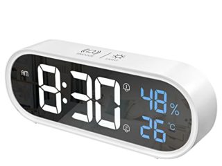 Reloj Despertador Digital con Pantalla LED de Temperatura/Humedad, Alarma Dual Reloj Despertador Digital con 4 Niveles de Brillo, 13 Música, Función Snooze, Puerto de Carga USB