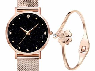 Relojes de Cuarzo analógicos para mujer niña de Agua 3ATM con Correa de Malla de Acero Inoxidable en Oro Rosa, Reloj de Pulsera con Elegante Esfera Azul y Cielo Estrellado