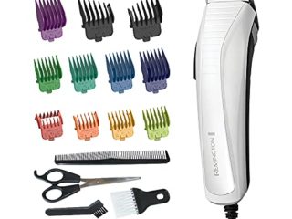 Remington Máquina de Cortar Pelo ColourCut - Cortapelos con Cable, Cuchillas de Acero Inoxidable, 9 Peines, Blanco y Gris, Talla Única - HC5035