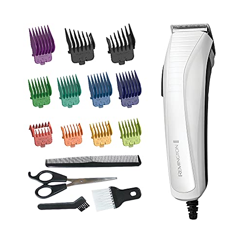 Remington Máquina de Cortar Pelo ColourCut - Cortapelos con Cable, Cuchillas de Acero Inoxidable, 9 Peines, Blanco y Gris, Talla Única - HC5035