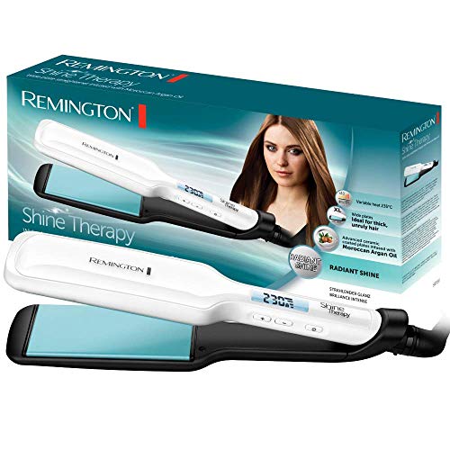 Remington Plancha de Pelo Shine Therapy - Cerámica, Aceite de Argán, Placas Anchas, Resultados Profesionales, Digital, Blanco - S8550