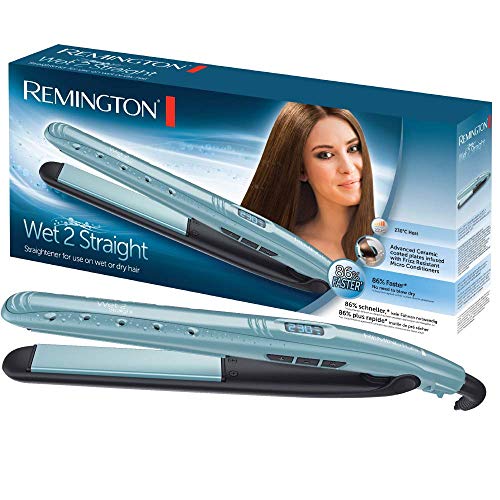 Remington Plancha de Pelo Wet 2 Straight - Cerámica Avanzada, Cabello Seco y Húmedo, Digital, 10 Ajustes Temperatura, Azul - S7300