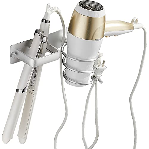 Rendcqin Soporte para Secador, Montado En La Pared Soporte Plancha Pelo con Organizador de Cables para Almacenar Secador de Pelo, Plancha de Pelo, Cepillos de Pelo Y MáS (Blanco)