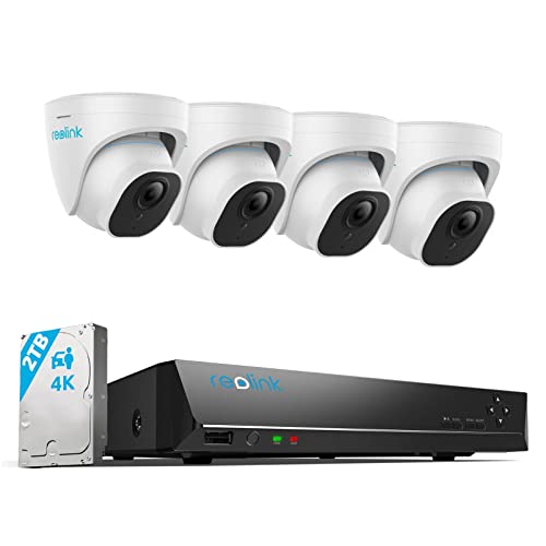 Reolink 4K Kit de Cámara Vigilancia PoE H.265, 4pcs 8MP Detección de Personas/Vehículos Cámaras IP PoE Exterior y 8CH NVR con 2TB HDD para Grabación 24/7 Vision Nocturna Audio Alertas, RLK8-820D4-A