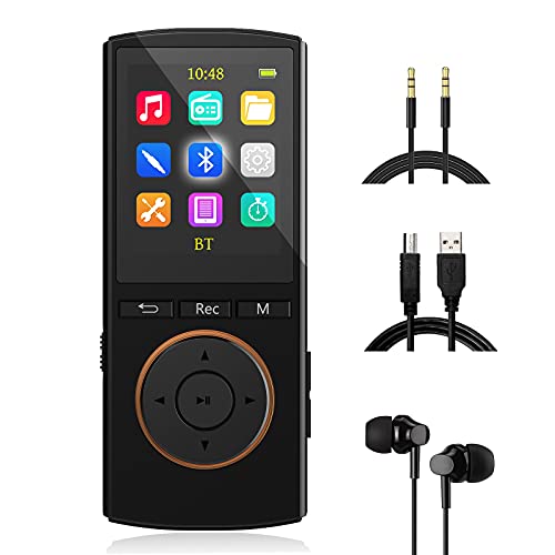 Reproductor MP3 Bluetooth Mejorado 32GB, Multifunción Música Grabador FM Radio, Rasgando, Shuffle, HiFi, Negro Mate(Auriculares con Cable, Cable Auxiliar y Cable Micro USB incluidos)