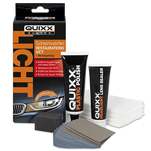 Restaurador de Faros en dos pasos - Esmalte 50 g y Sellado 30 ml - Protección Duradera - Esmalte Para Rasguños - Resistencia a los arañazos y al Tono Amarillento - Quixx
