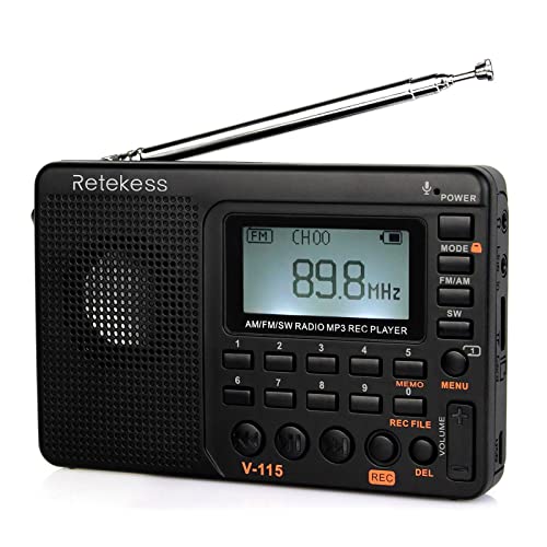 Retekess V115 Radio Portátil AM FM SW Radio de Onda Corta, con Reproductor MP3, Radio de Bolsillo, Grabación, Tiempo de Sueño, Estaciones de Tienda, Batería Recargable (Negro)